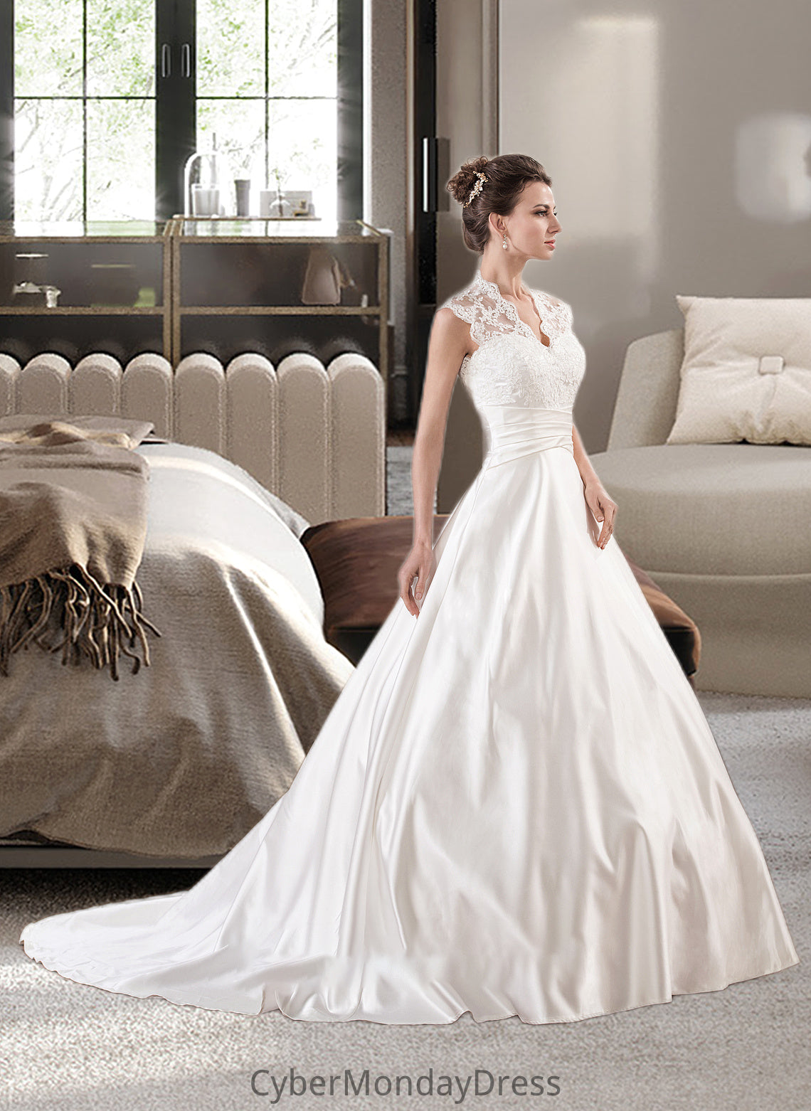 Phoenix Ball-Gown/Princess V-neck Court Train Satin Lace Wedding Dress With Ruffle DTP0013688