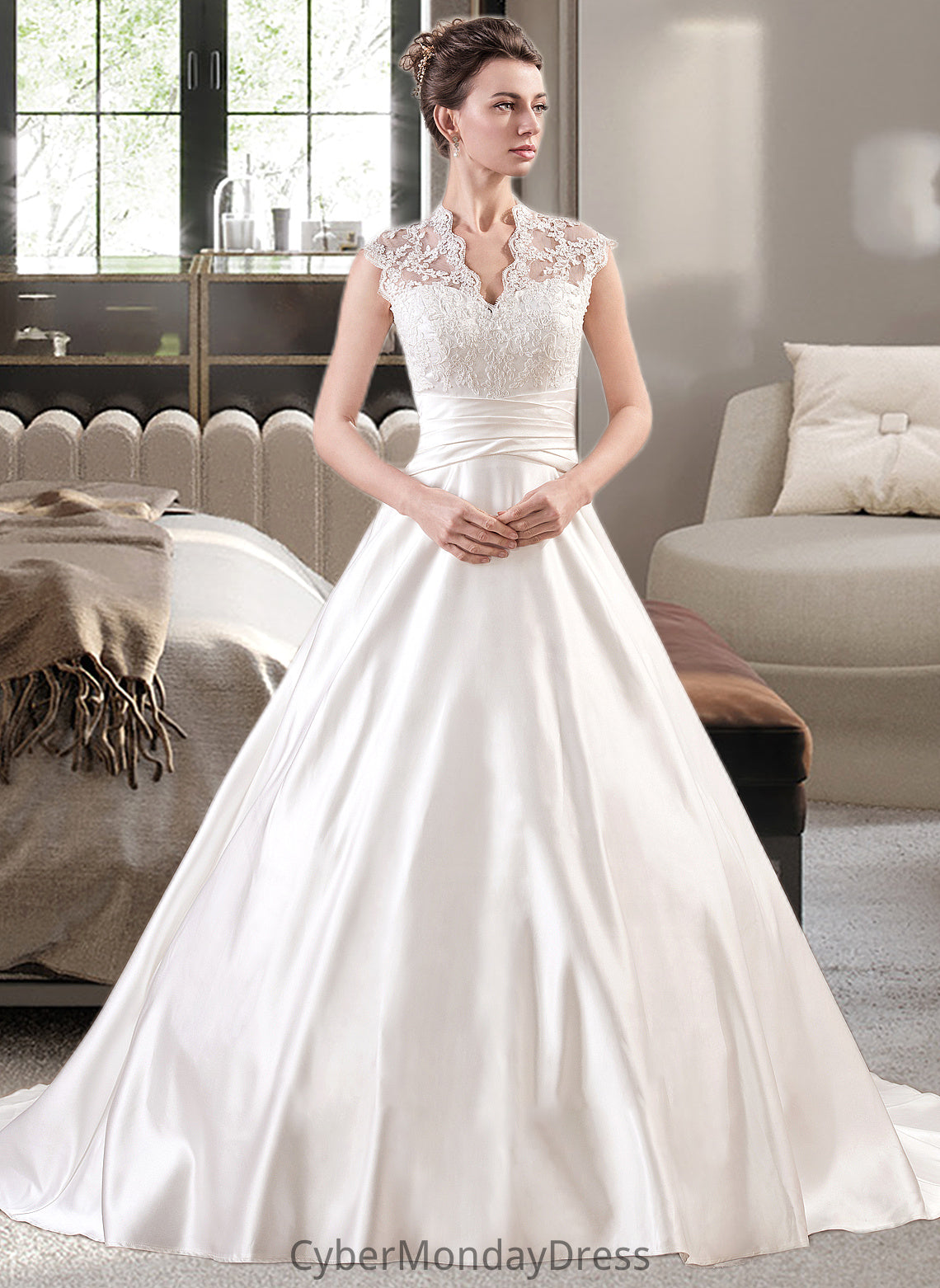 Phoenix Ball-Gown/Princess V-neck Court Train Satin Lace Wedding Dress With Ruffle DTP0013688