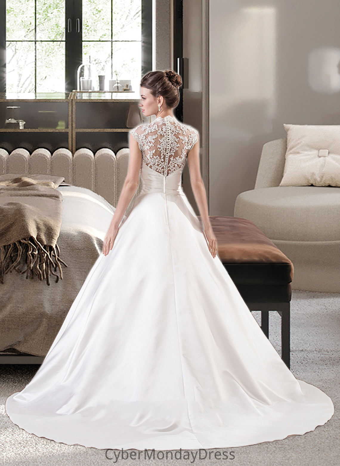 Phoenix Ball-Gown/Princess V-neck Court Train Satin Lace Wedding Dress With Ruffle DTP0013688