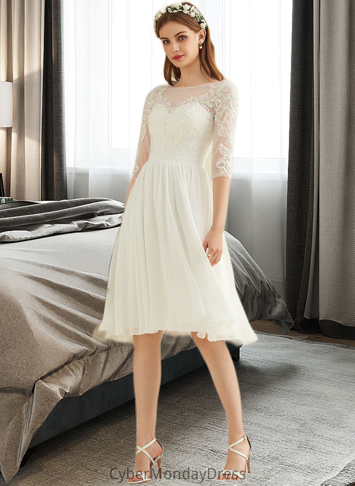 Gina A-Line Knee-Length Chiffon Lace Wedding Dress With Sequins DTP0013689