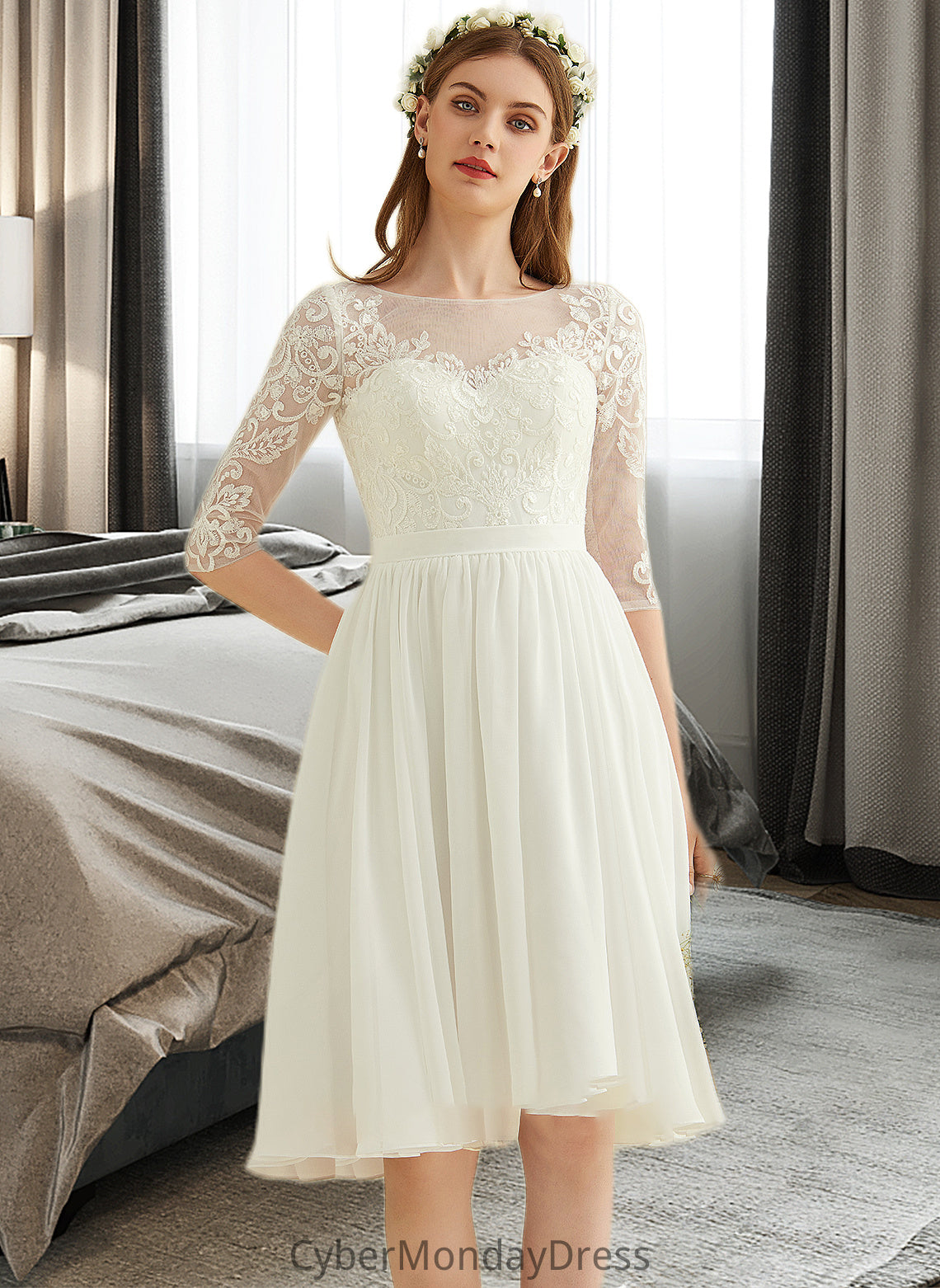 Gina A-Line Knee-Length Chiffon Lace Wedding Dress With Sequins DTP0013689