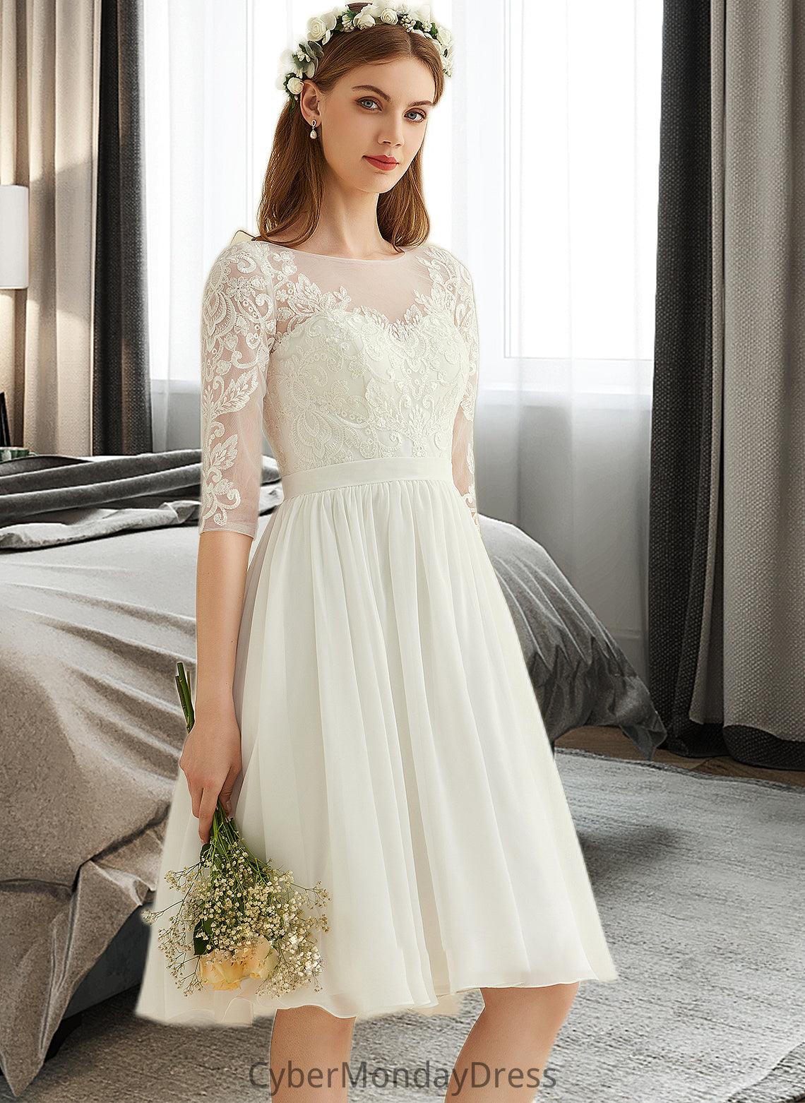 Gina A-Line Knee-Length Chiffon Lace Wedding Dress With Sequins DTP0013689