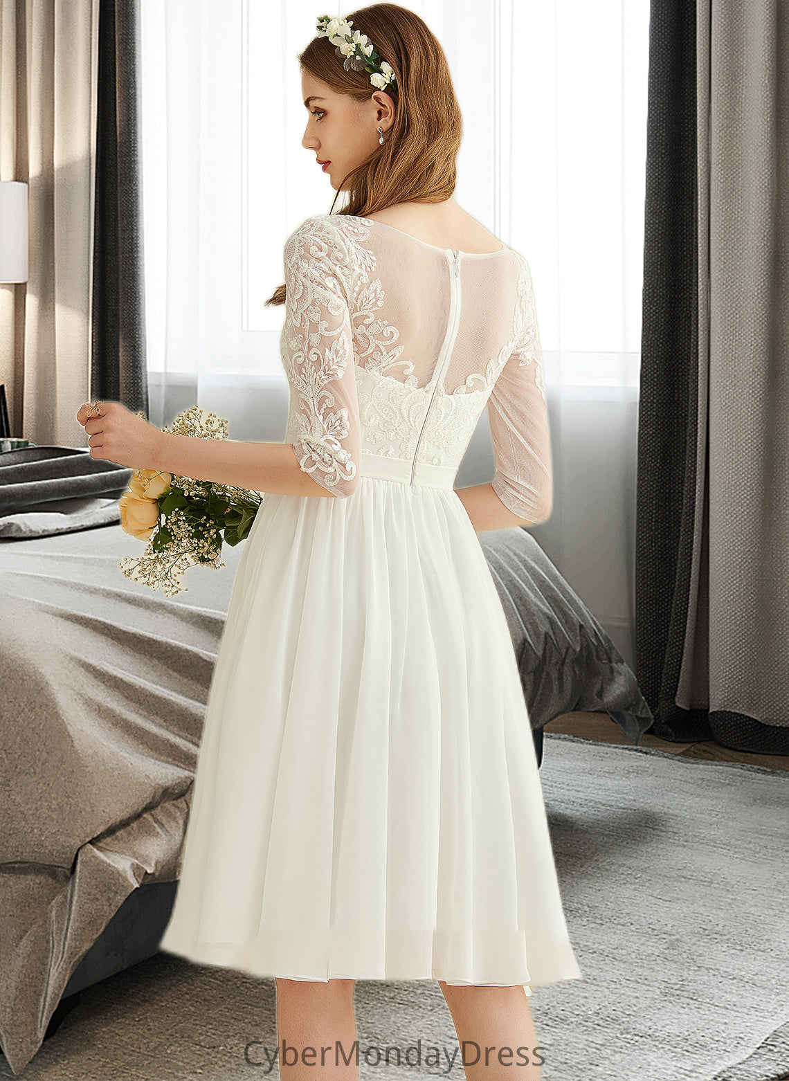 Gina A-Line Knee-Length Chiffon Lace Wedding Dress With Sequins DTP0013689