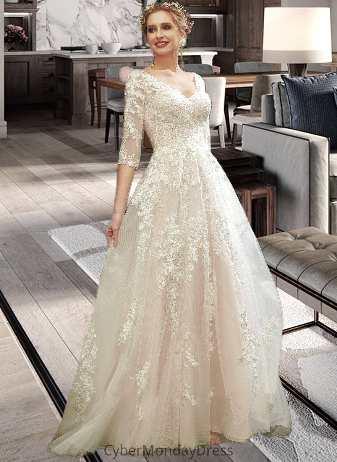 Kailey A-Line V-neck Court Train Wedding Dress With Sequins DTP0013690