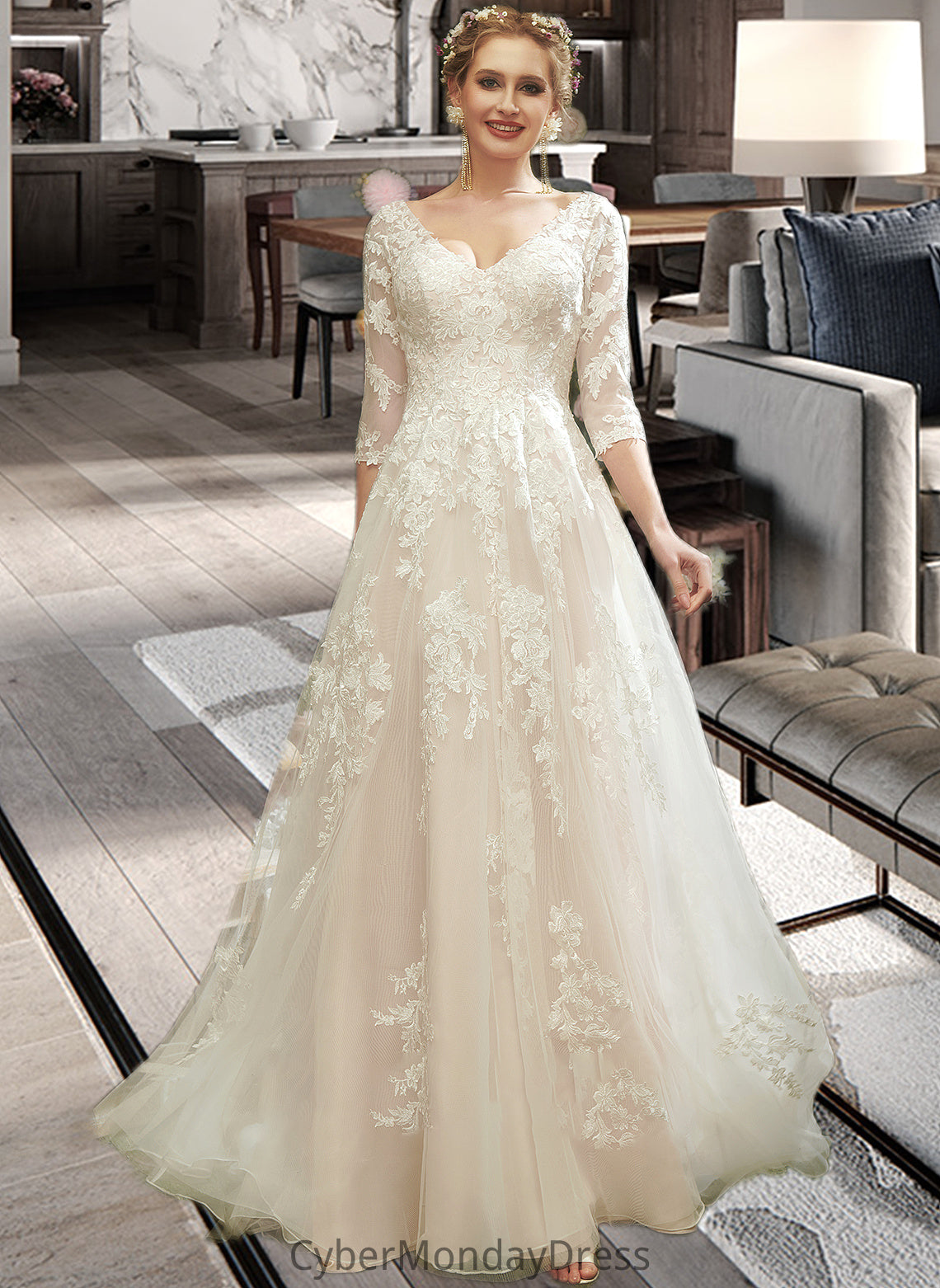 Kailey A-Line V-neck Court Train Wedding Dress With Sequins DTP0013690