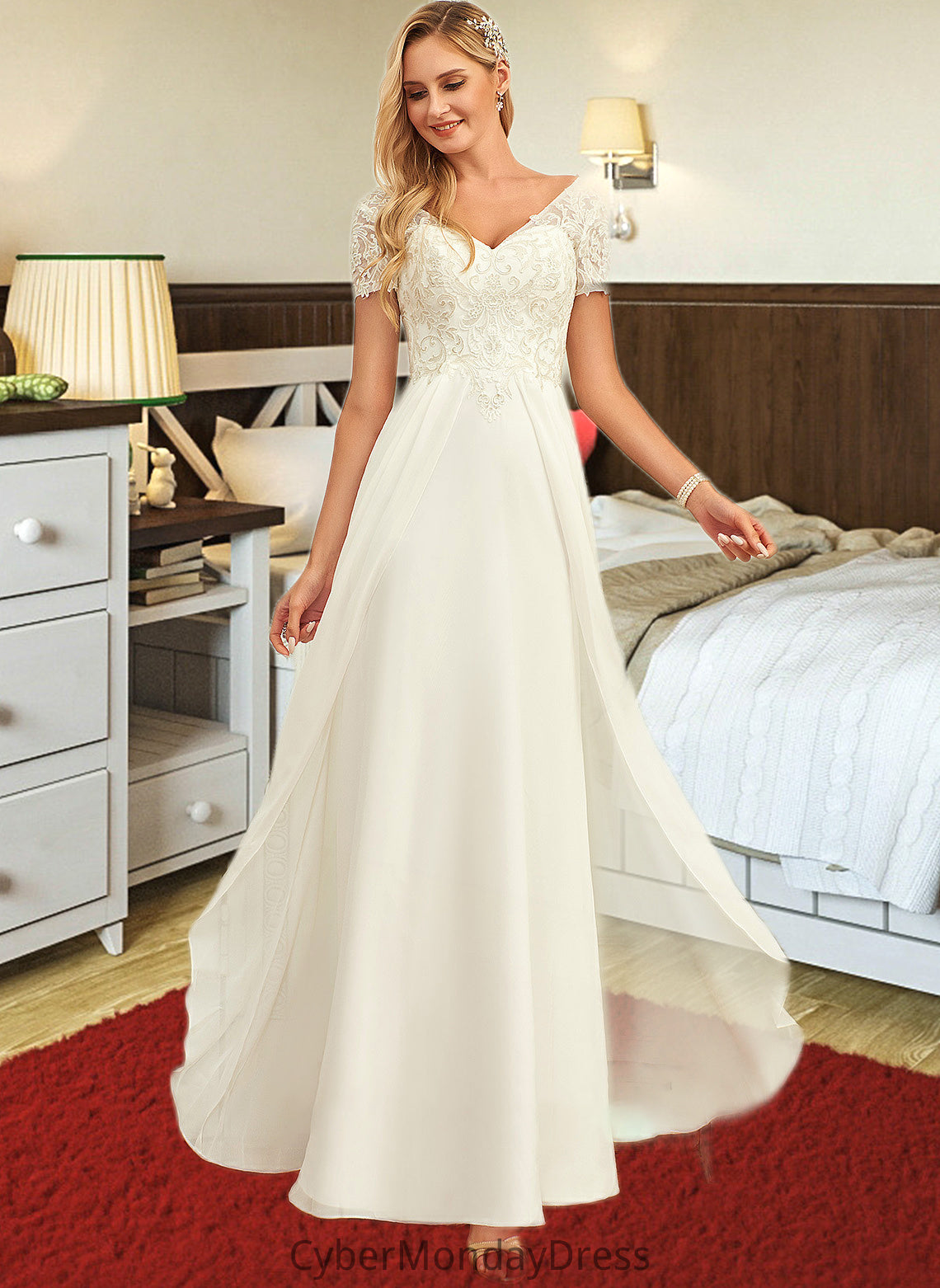 Esther A-Line V-neck Floor-Length Chiffon Lace Wedding Dress With Lace DTP0013691