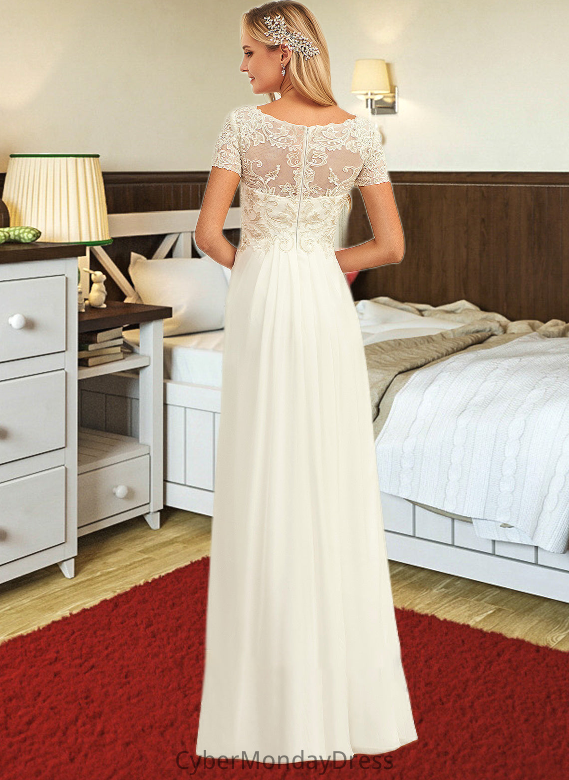 Esther A-Line V-neck Floor-Length Chiffon Lace Wedding Dress With Lace DTP0013691