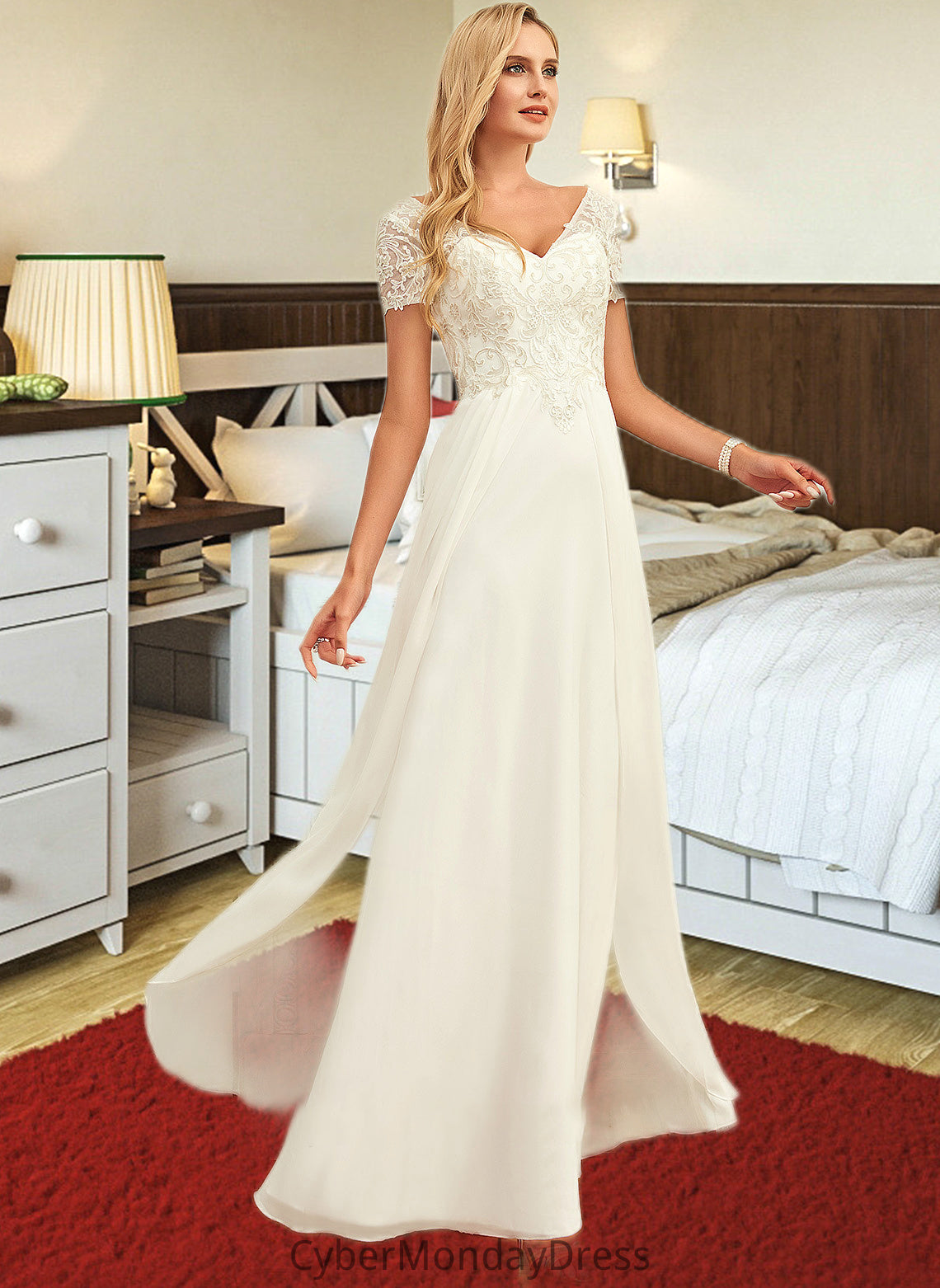 Esther A-Line V-neck Floor-Length Chiffon Lace Wedding Dress With Lace DTP0013691