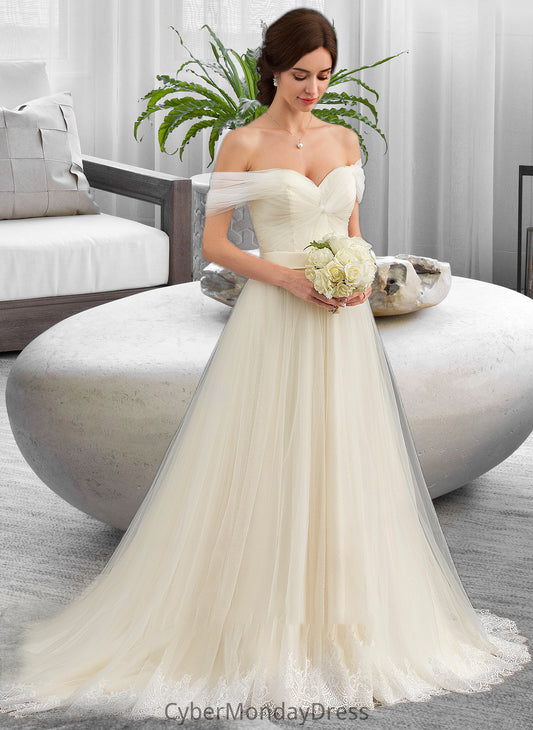 Elisa Ball-Gown/Princess Off-the-Shoulder Court Train Tulle Lace Wedding Dress With Ruffle DTP0013692