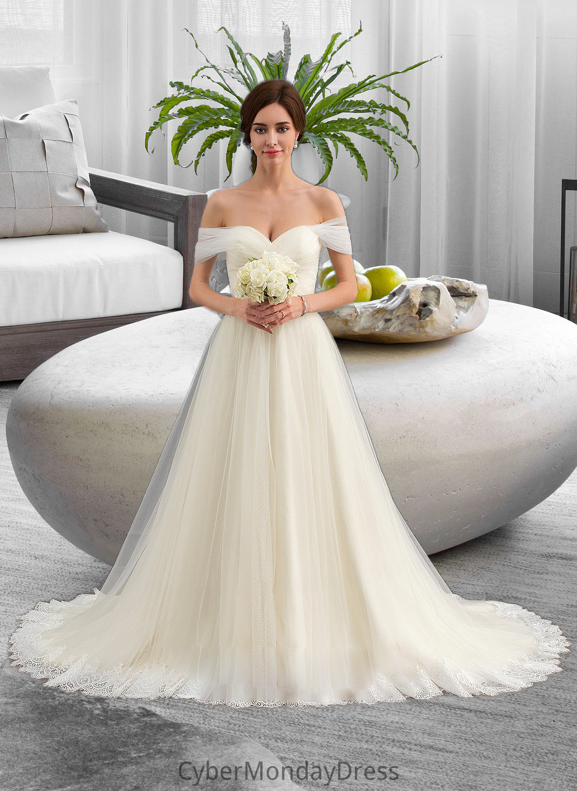 Elisa Ball-Gown/Princess Off-the-Shoulder Court Train Tulle Lace Wedding Dress With Ruffle DTP0013692