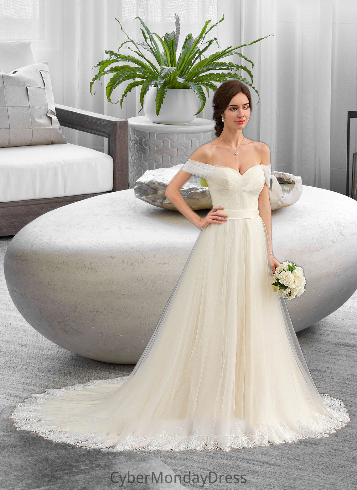 Elisa Ball-Gown/Princess Off-the-Shoulder Court Train Tulle Lace Wedding Dress With Ruffle DTP0013692