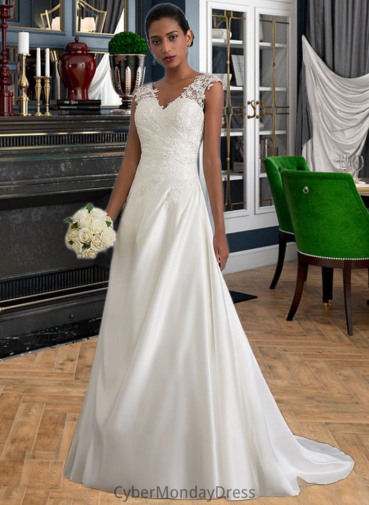 Lilith Ball-Gown/Princess V-neck Sweep Train Satin Wedding Dress With Ruffle Beading Sequins DTP0013693