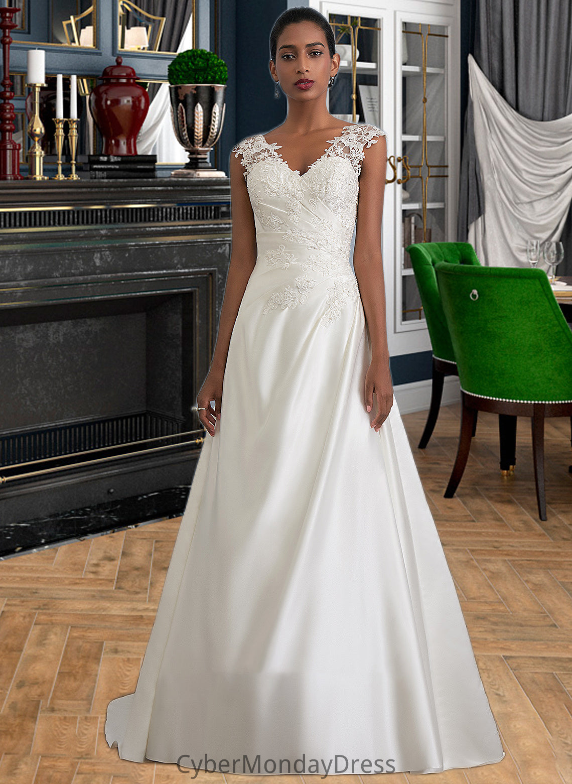 Lilith Ball-Gown/Princess V-neck Sweep Train Satin Wedding Dress With Ruffle Beading Sequins DTP0013693