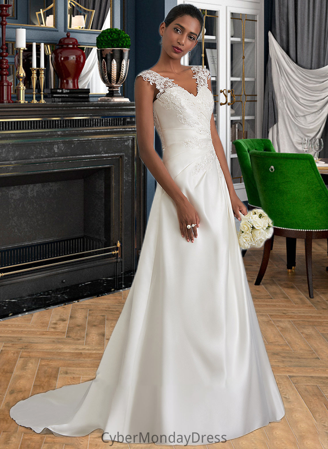 Lilith Ball-Gown/Princess V-neck Sweep Train Satin Wedding Dress With Ruffle Beading Sequins DTP0013693