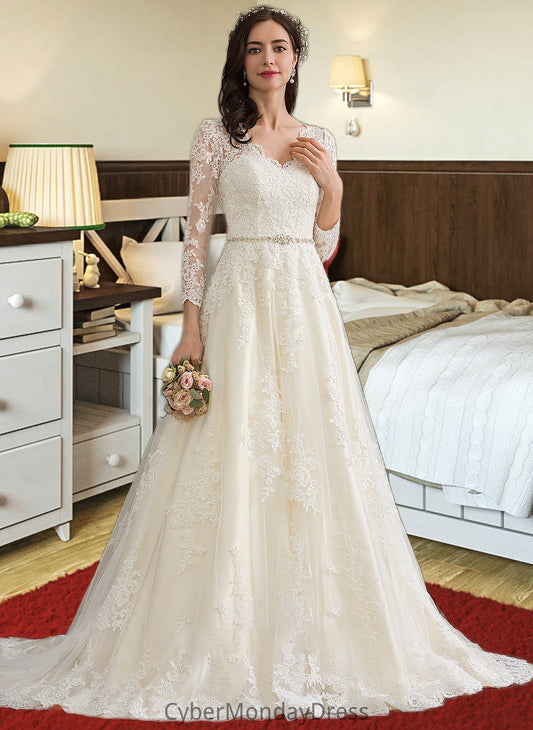 Margery Ball-Gown/Princess V-neck Chapel Train Tulle Wedding Dress With Beading Sequins DTP0013695