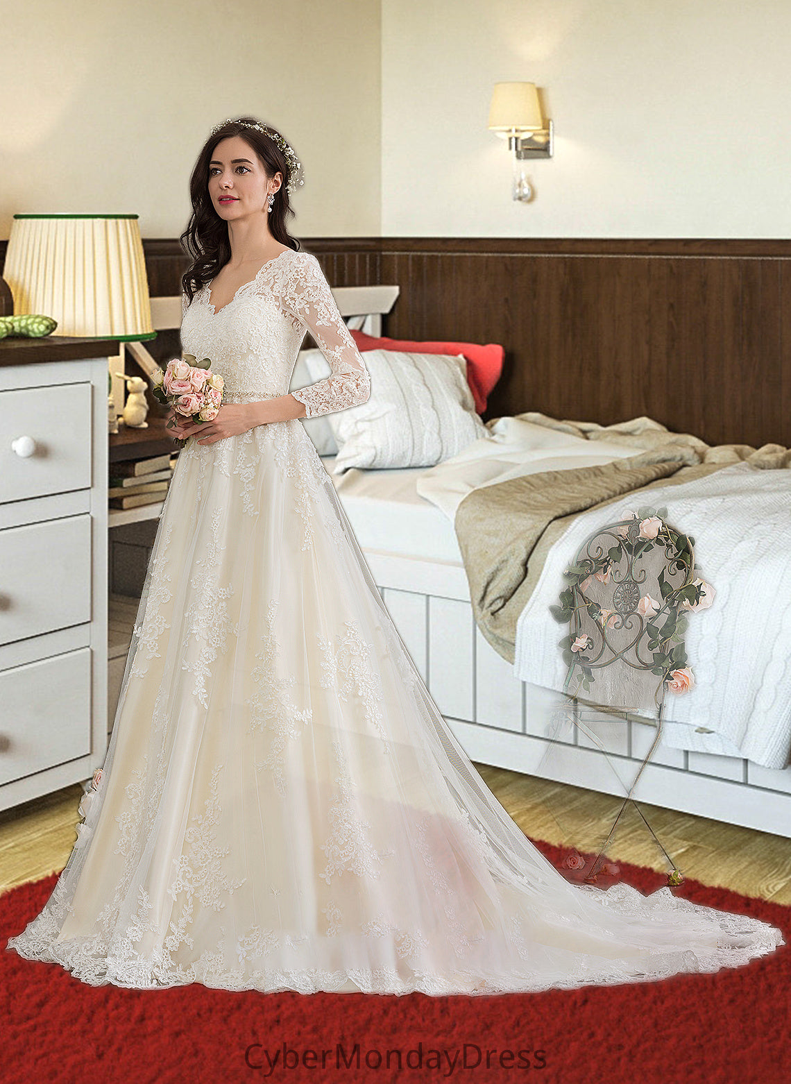 Margery Ball-Gown/Princess V-neck Chapel Train Tulle Wedding Dress With Beading Sequins DTP0013695