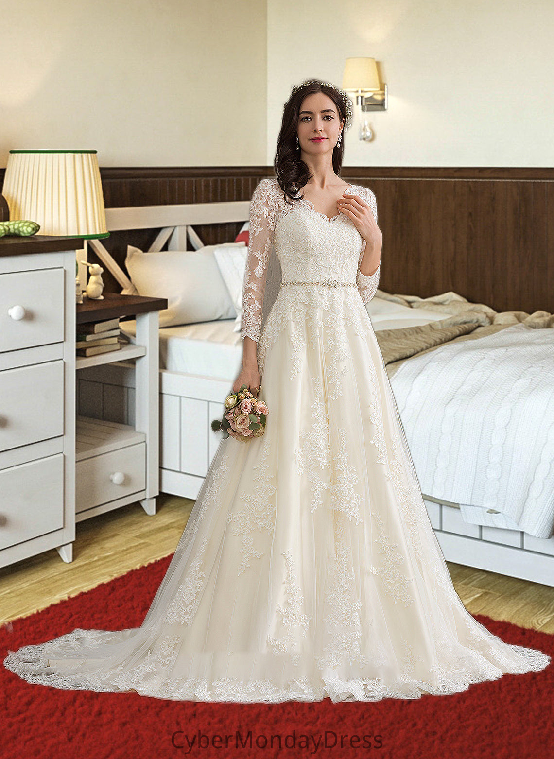 Margery Ball-Gown/Princess V-neck Chapel Train Tulle Wedding Dress With Beading Sequins DTP0013695