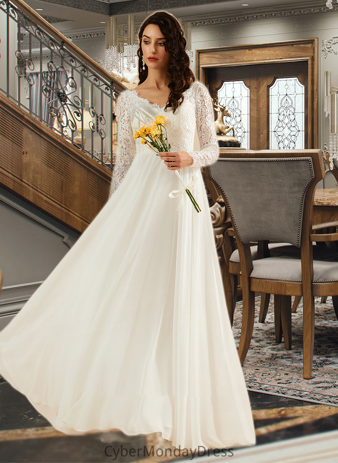 Ashtyn A-Line V-neck Sweep Train Wedding Dress With Lace DTP0013696