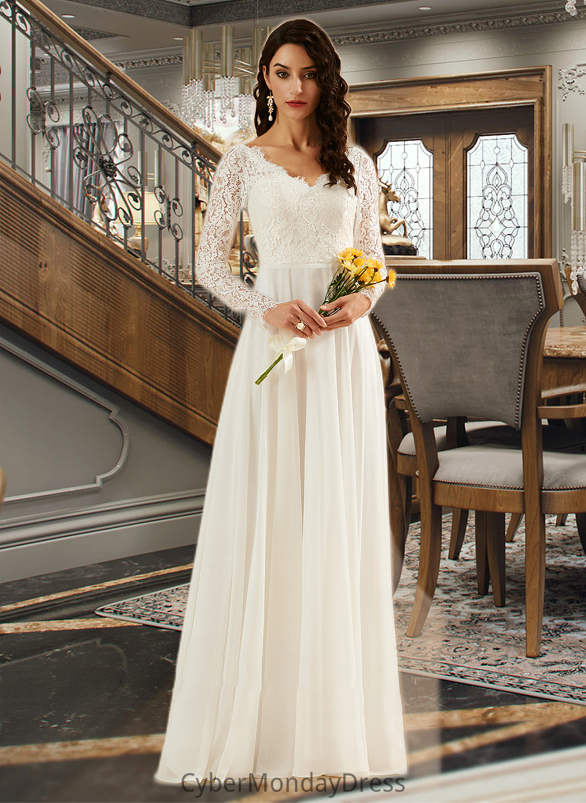 Ashtyn A-Line V-neck Sweep Train Wedding Dress With Lace DTP0013696