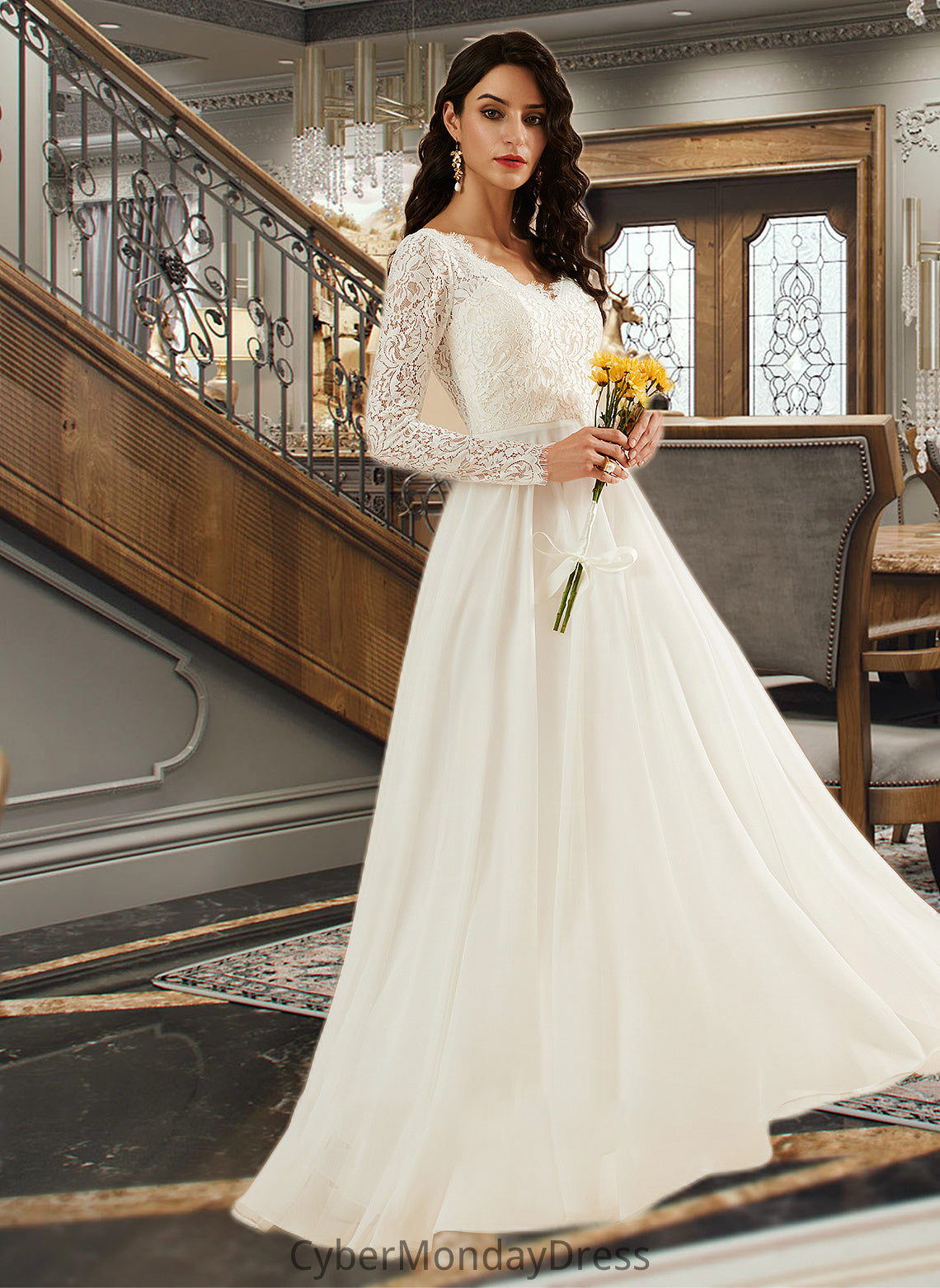 Ashtyn A-Line V-neck Sweep Train Wedding Dress With Lace DTP0013696