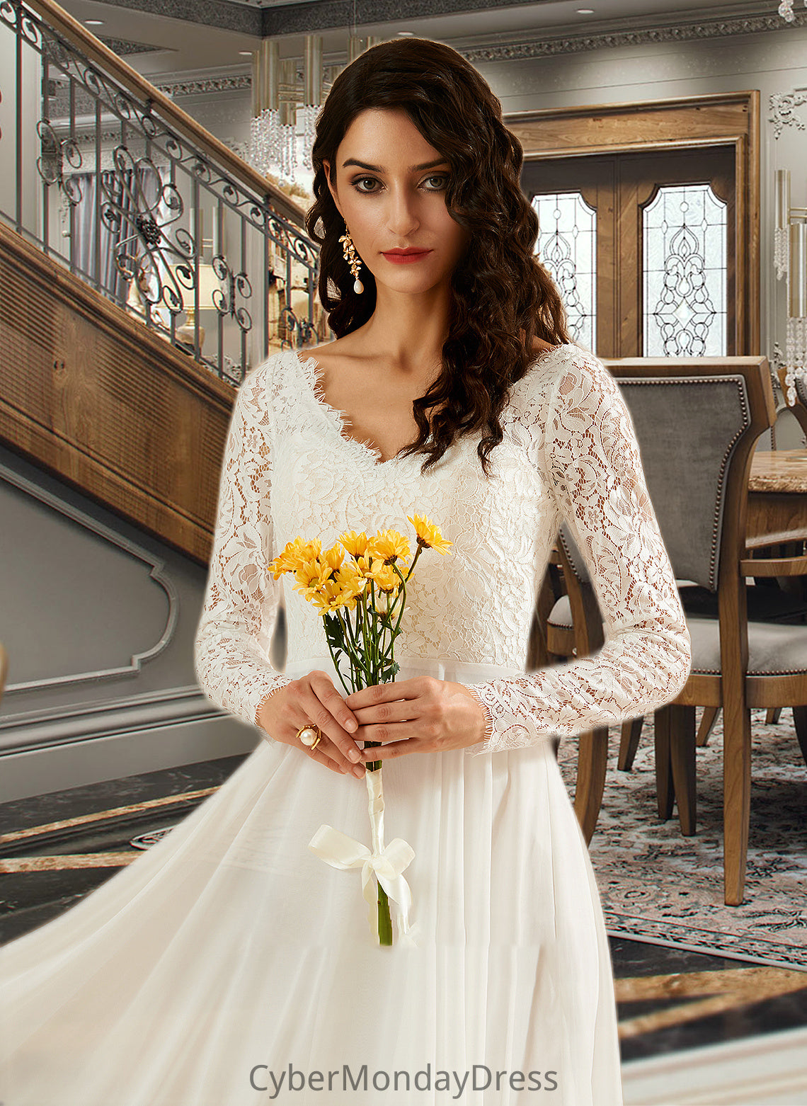 Ashtyn A-Line V-neck Sweep Train Wedding Dress With Lace DTP0013696