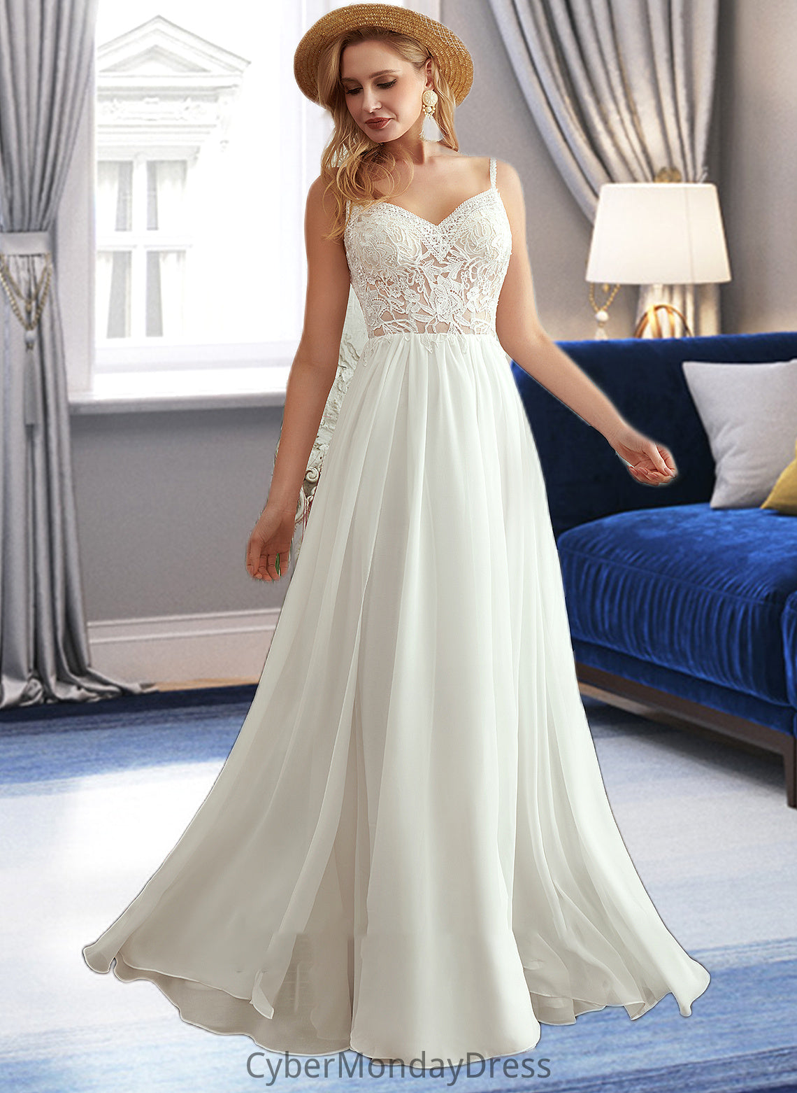 Lena A-Line V-neck Floor-Length Wedding Dress With Beading Split Front DTP0013697