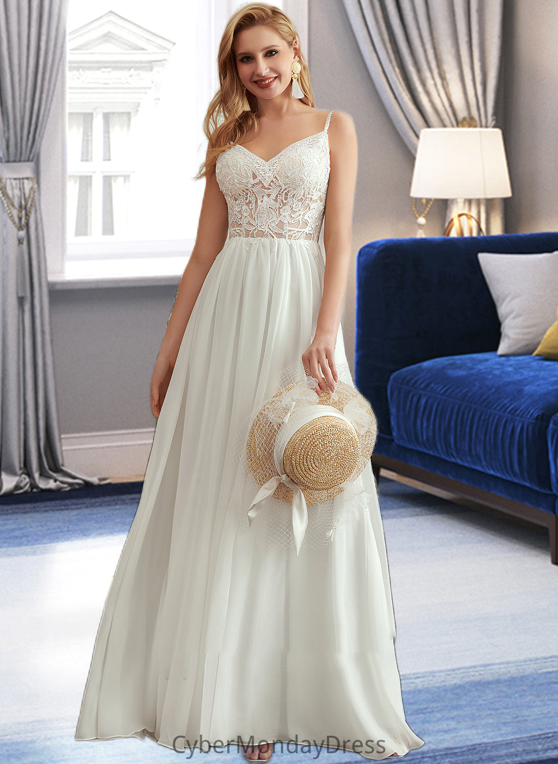 Lena A-Line V-neck Floor-Length Wedding Dress With Beading Split Front DTP0013697