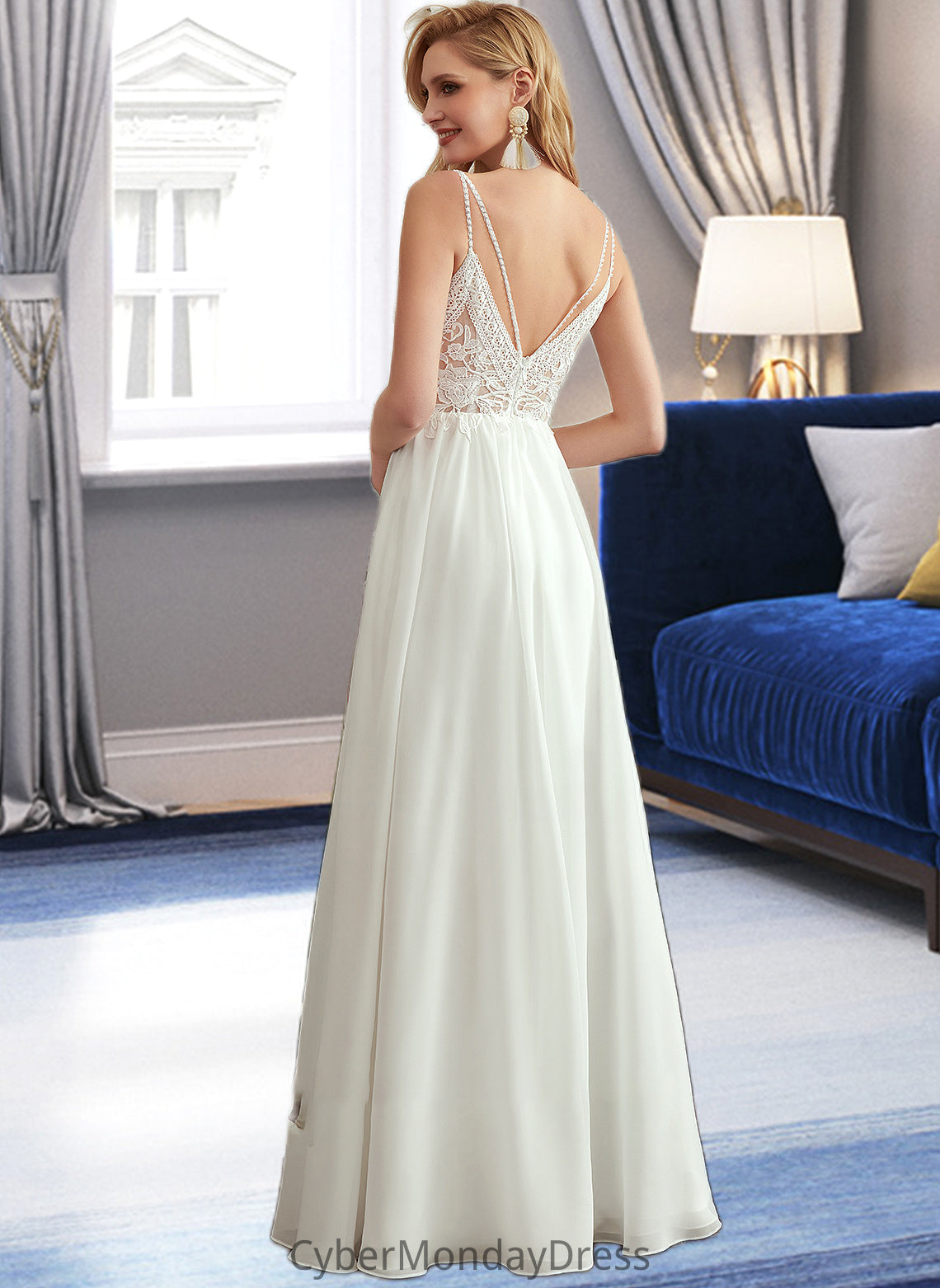 Lena A-Line V-neck Floor-Length Wedding Dress With Beading Split Front DTP0013697