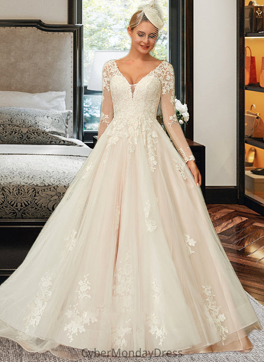 Mimi Ball-Gown/Princess V-neck Sweep Train Tulle Lace Wedding Dress DTP0013698