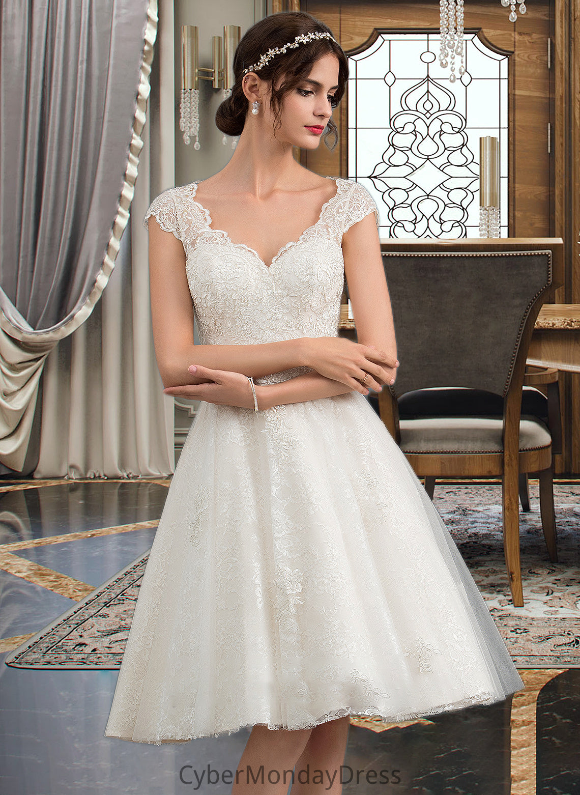 Charity A-Line V-neck Knee-Length Tulle Lace Wedding Dress DTP0013700