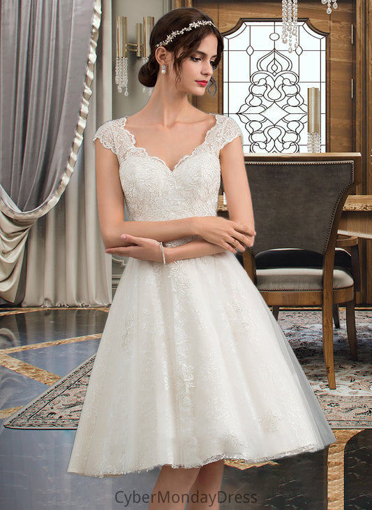 Charity A-Line V-neck Knee-Length Tulle Lace Wedding Dress DTP0013700