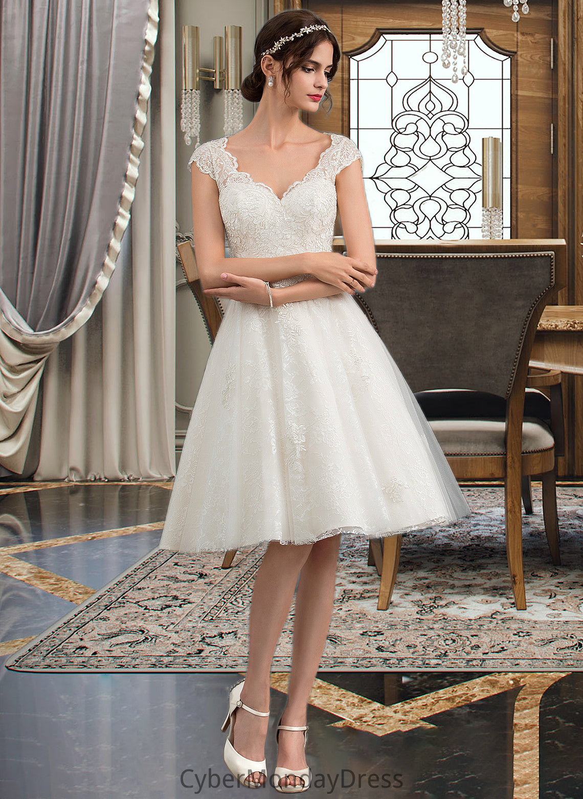 Charity A-Line V-neck Knee-Length Tulle Lace Wedding Dress DTP0013700