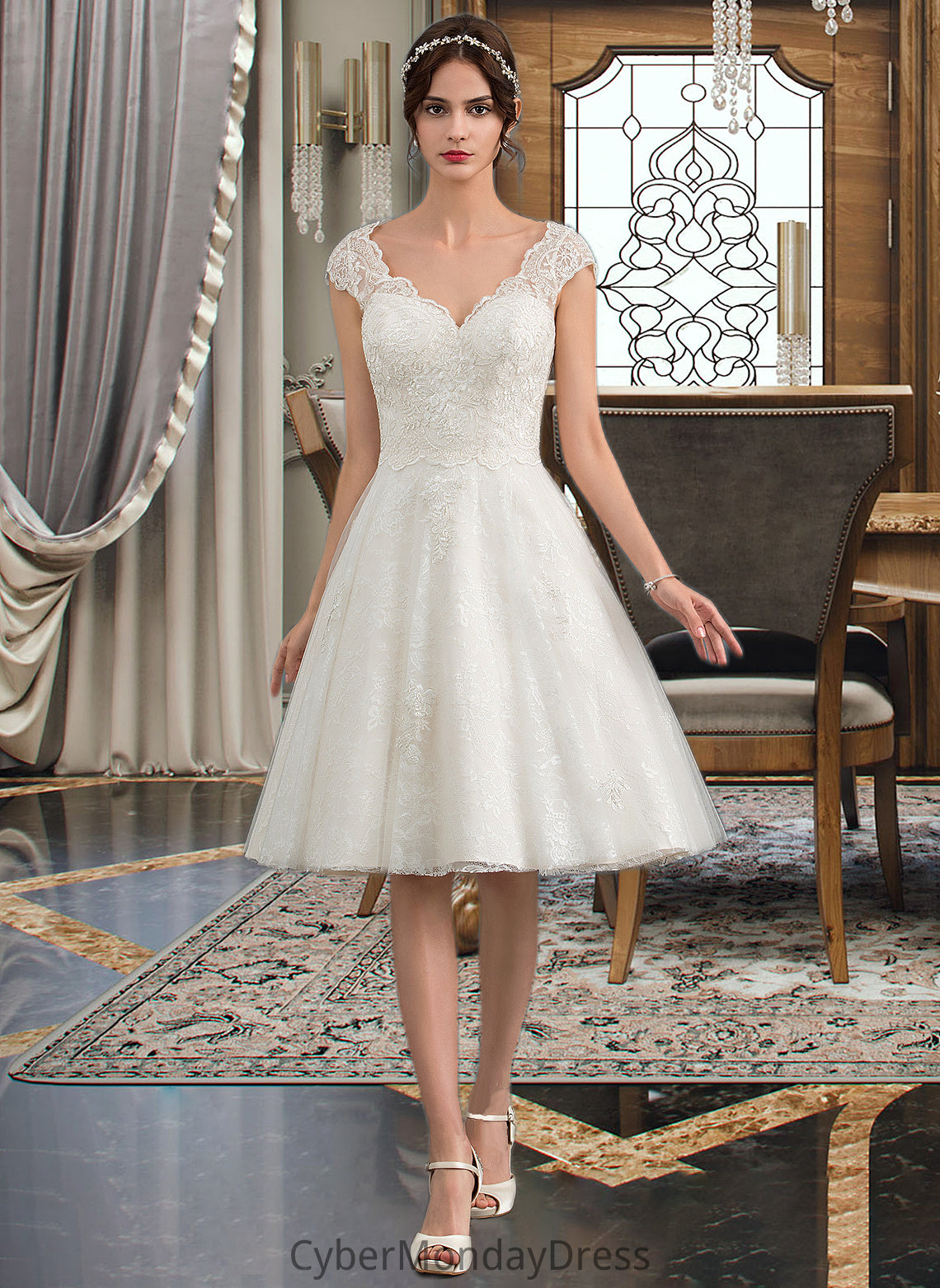 Charity A-Line V-neck Knee-Length Tulle Lace Wedding Dress DTP0013700