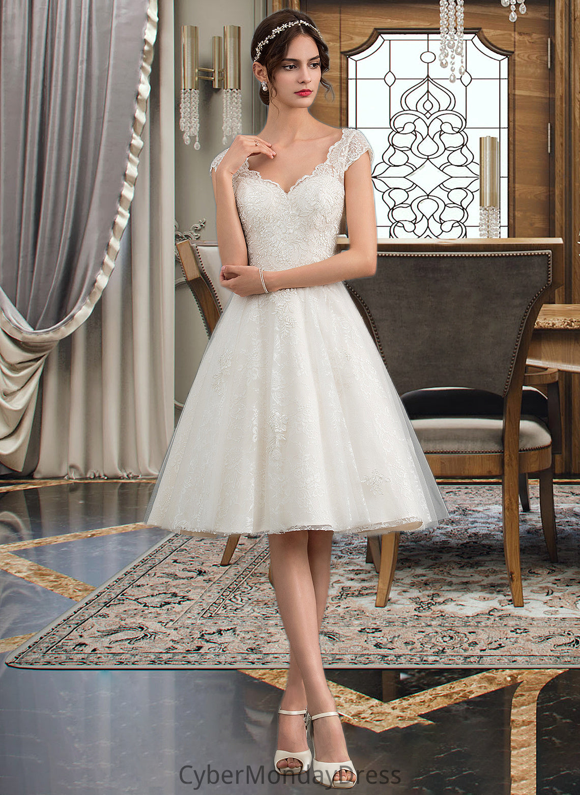 Charity A-Line V-neck Knee-Length Tulle Lace Wedding Dress DTP0013700