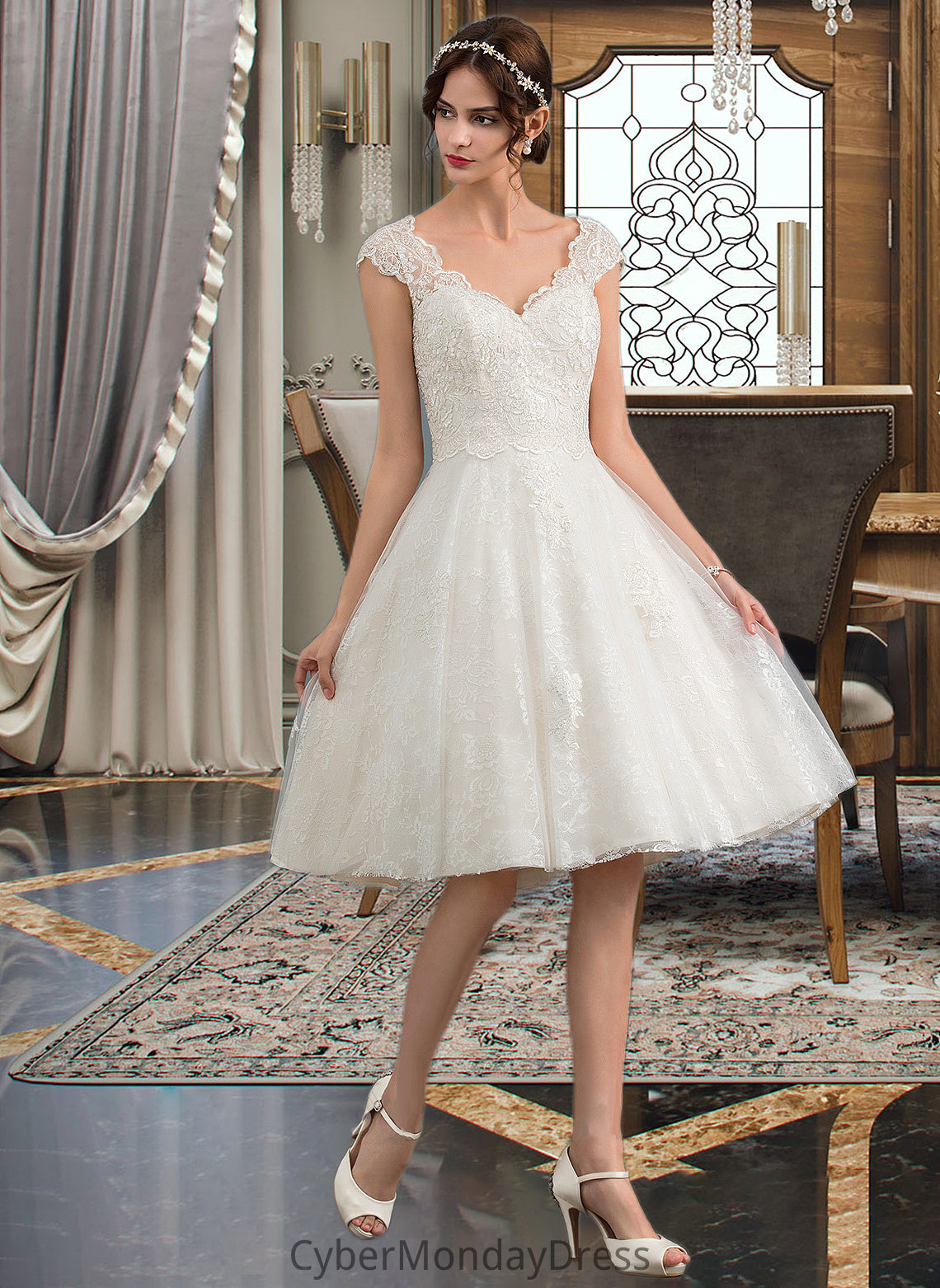 Charity A-Line V-neck Knee-Length Tulle Lace Wedding Dress DTP0013700