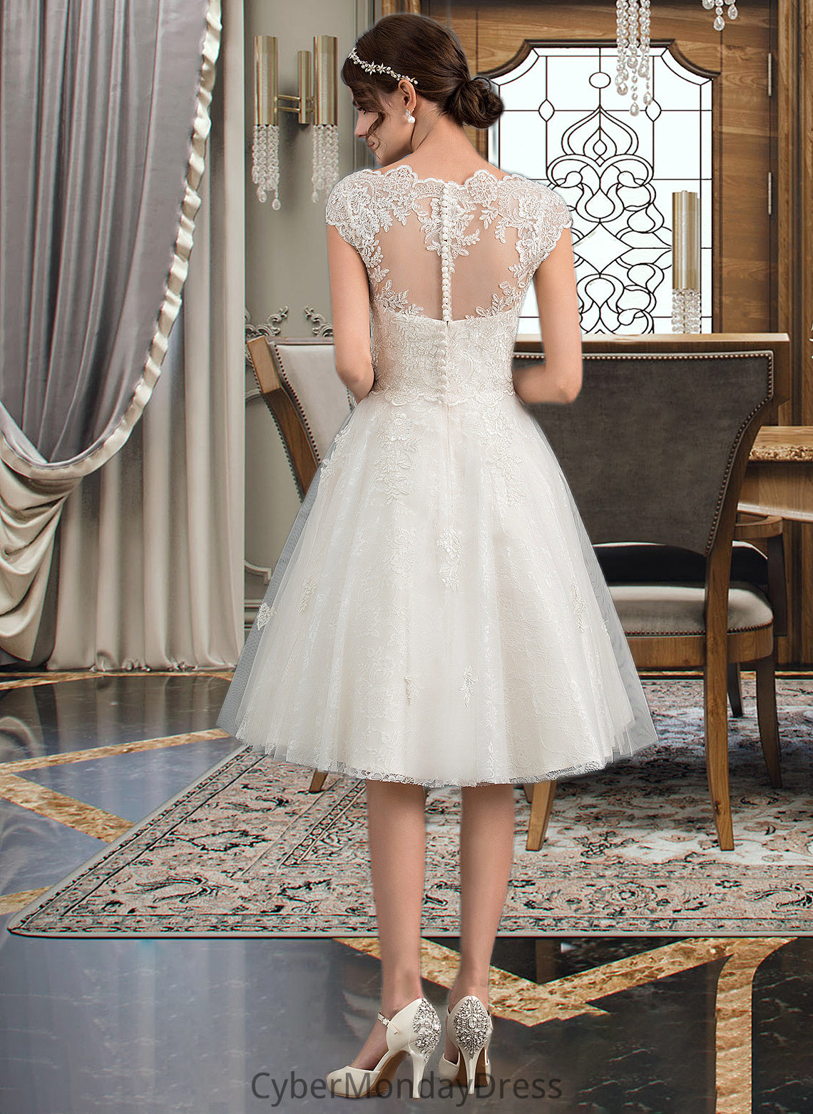 Charity A-Line V-neck Knee-Length Tulle Lace Wedding Dress DTP0013700