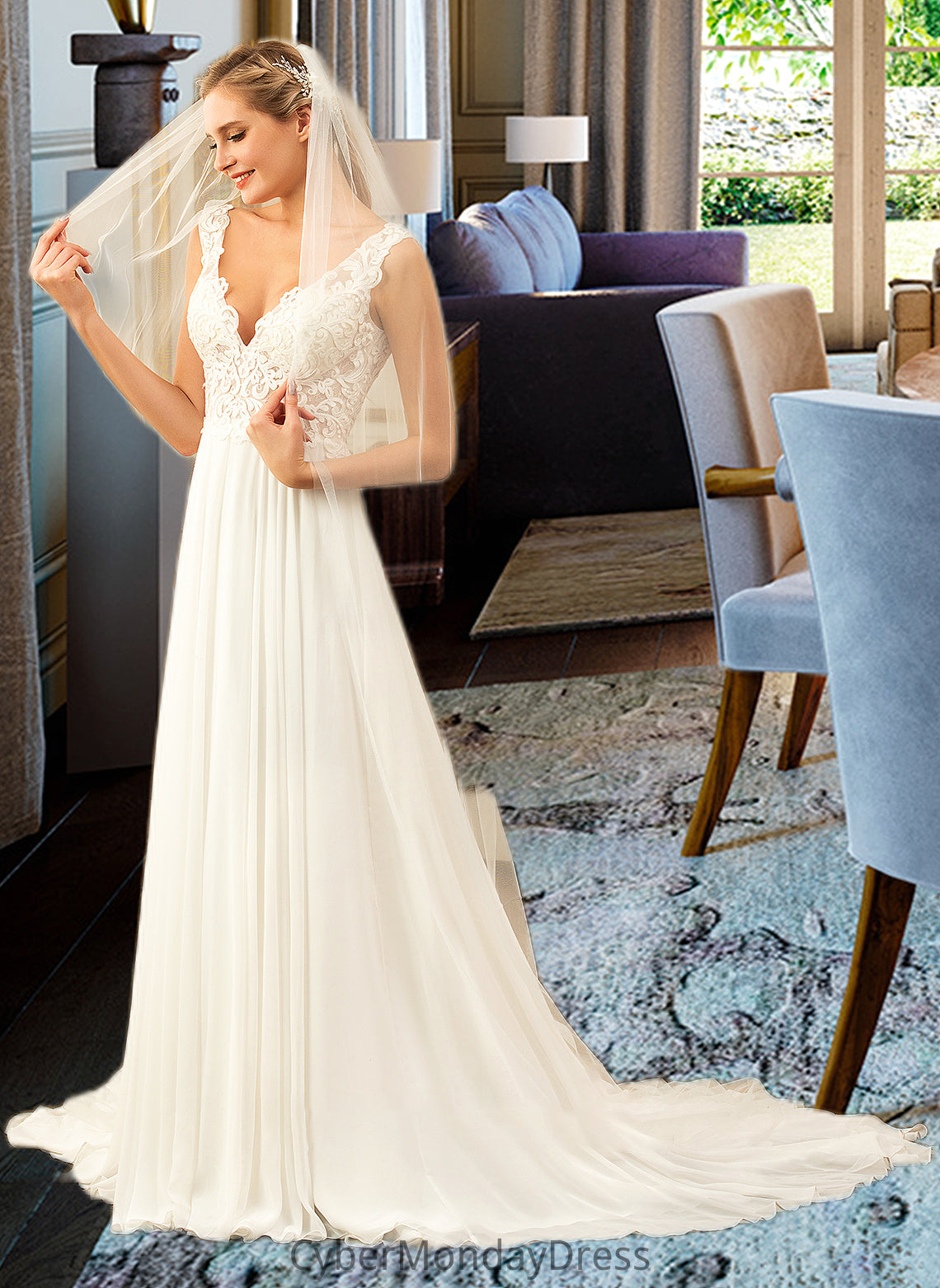 Annabella A-Line V-neck Court Train Chiffon Wedding Dress DTP0013701