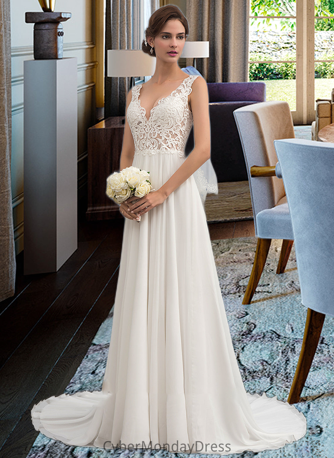 Annabella A-Line V-neck Court Train Chiffon Wedding Dress DTP0013701