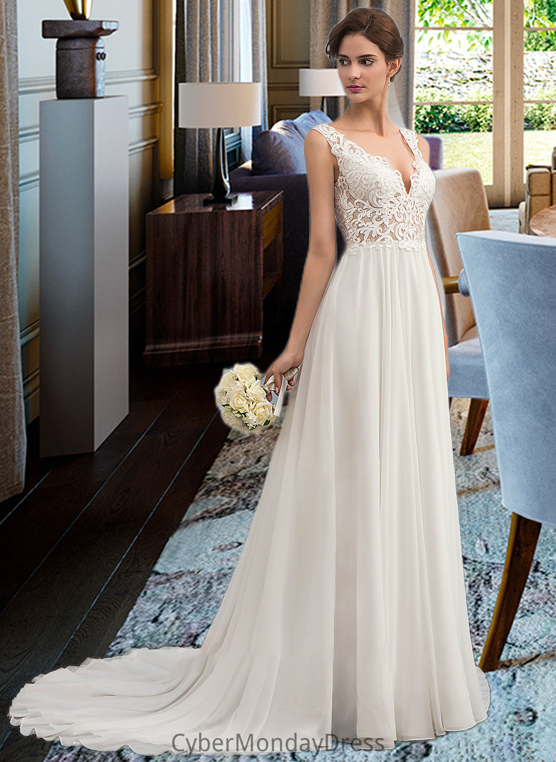 Annabella A-Line V-neck Court Train Chiffon Wedding Dress DTP0013701