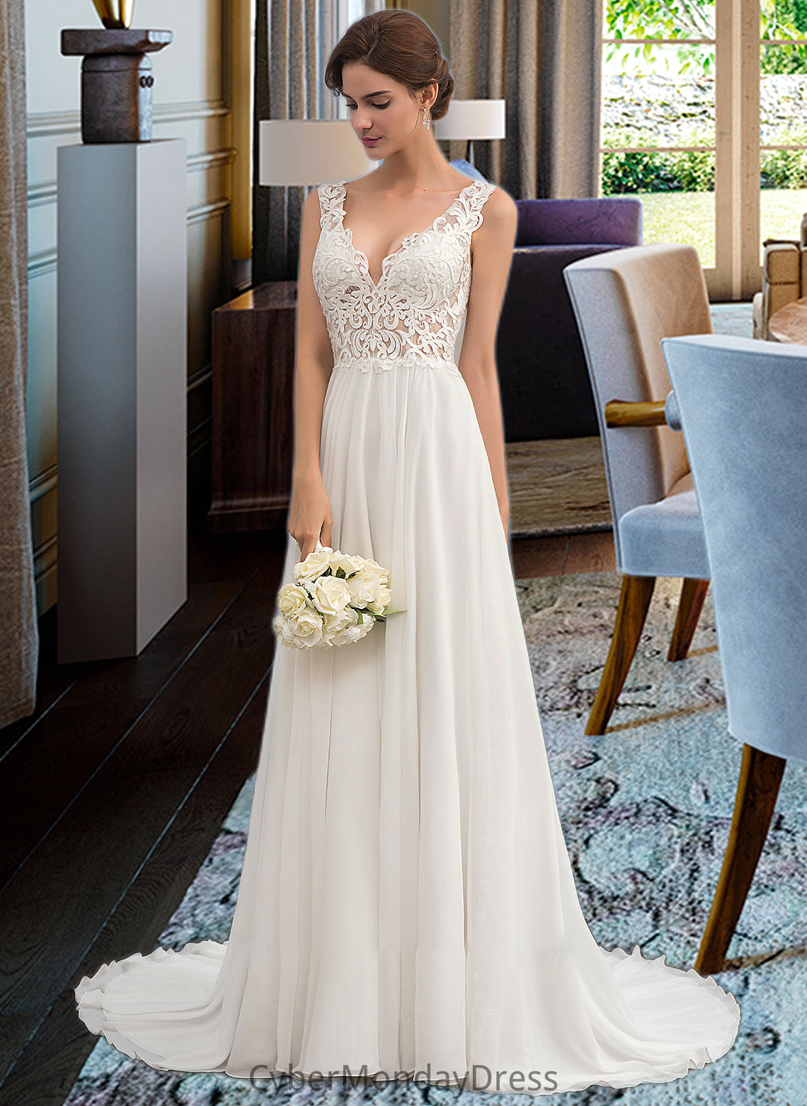 Annabella A-Line V-neck Court Train Chiffon Wedding Dress DTP0013701