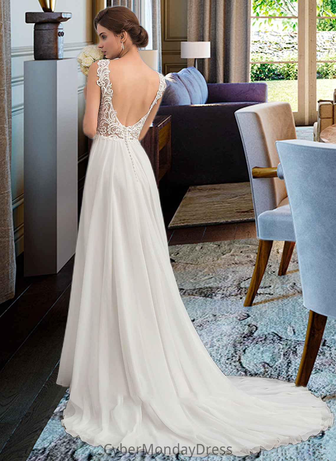 Annabella A-Line V-neck Court Train Chiffon Wedding Dress DTP0013701