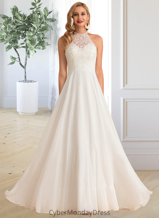 Molly A-Line High Neck Floor-Length Chiffon Wedding Dress DTP0013702