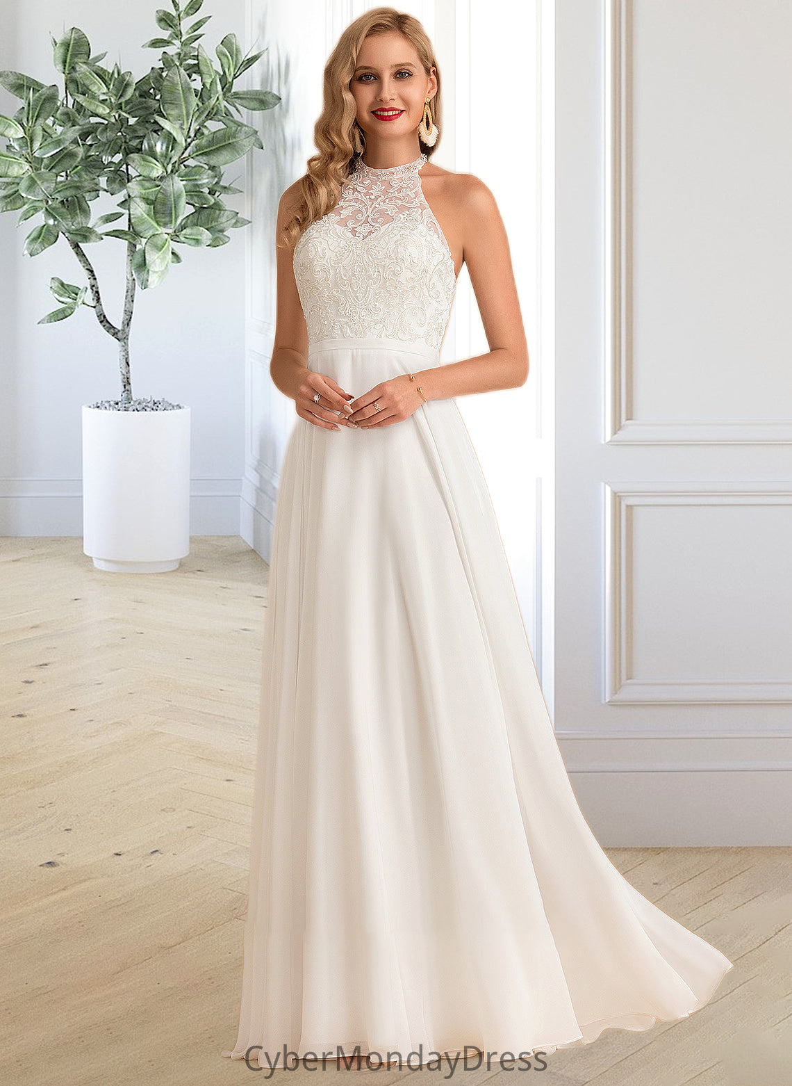 Molly A-Line High Neck Floor-Length Chiffon Wedding Dress DTP0013702