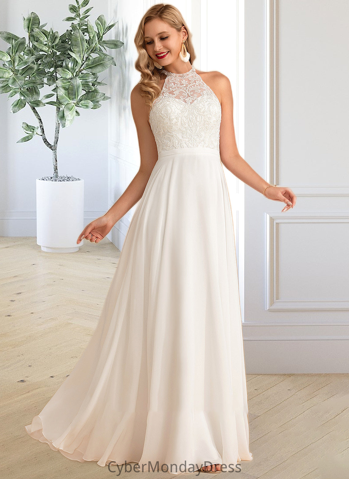 Molly A-Line High Neck Floor-Length Chiffon Wedding Dress DTP0013702