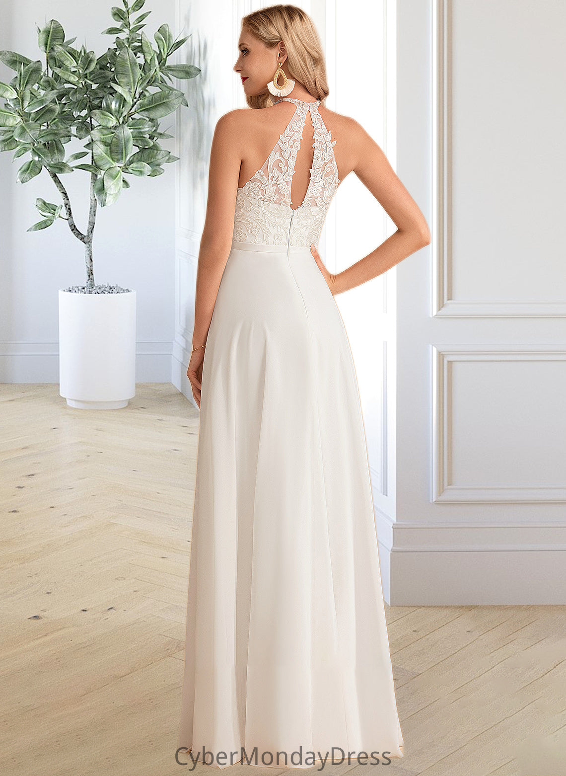 Molly A-Line High Neck Floor-Length Chiffon Wedding Dress DTP0013702