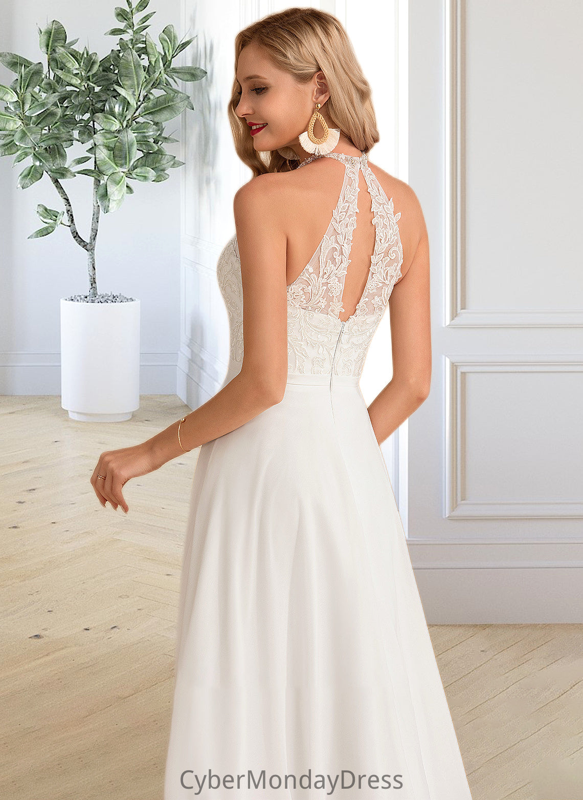 Molly A-Line High Neck Floor-Length Chiffon Wedding Dress DTP0013702