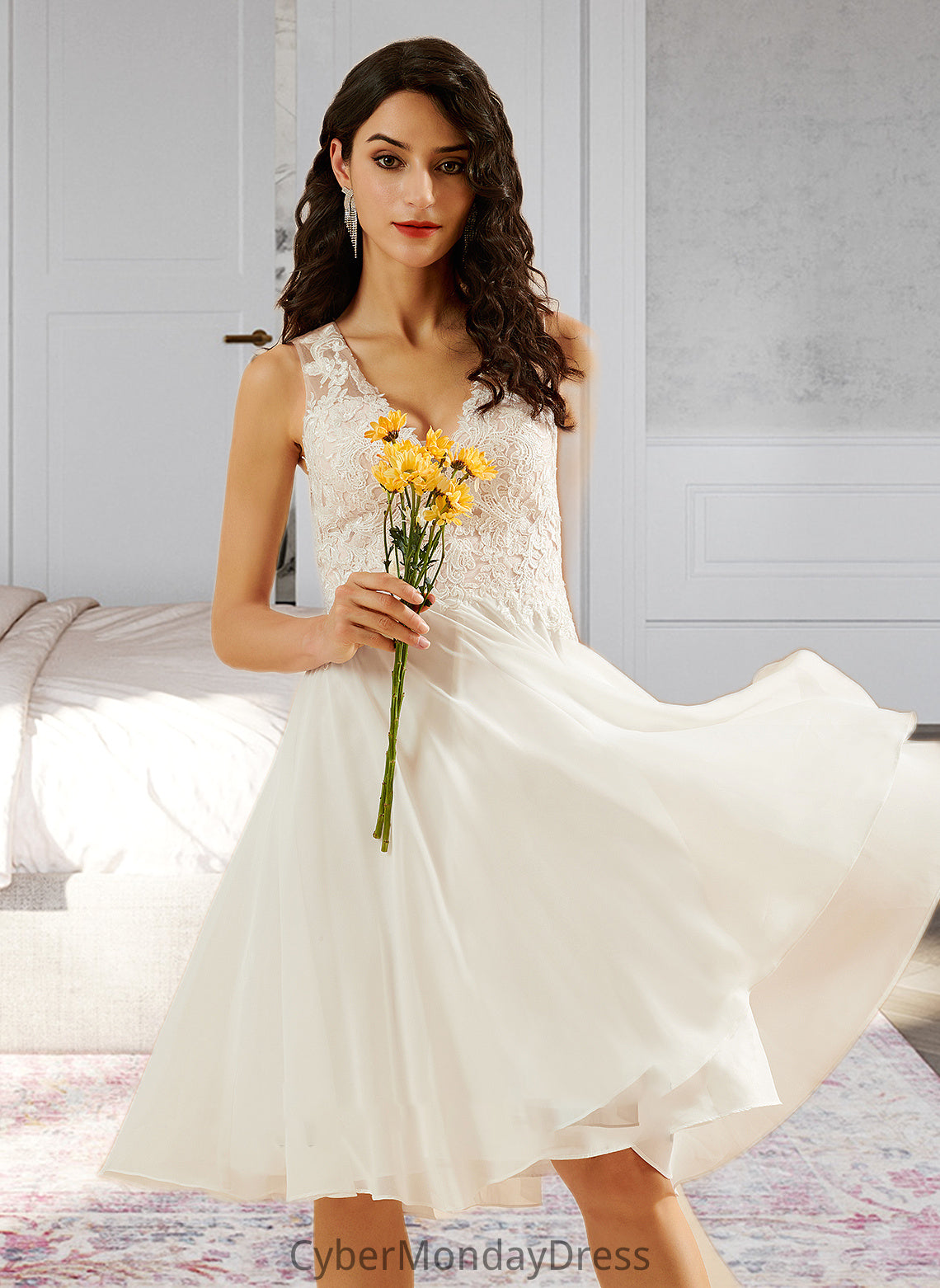 Tiffany A-Line V-neck Knee-Length Wedding Dress With Lace Sequins DTP0013703