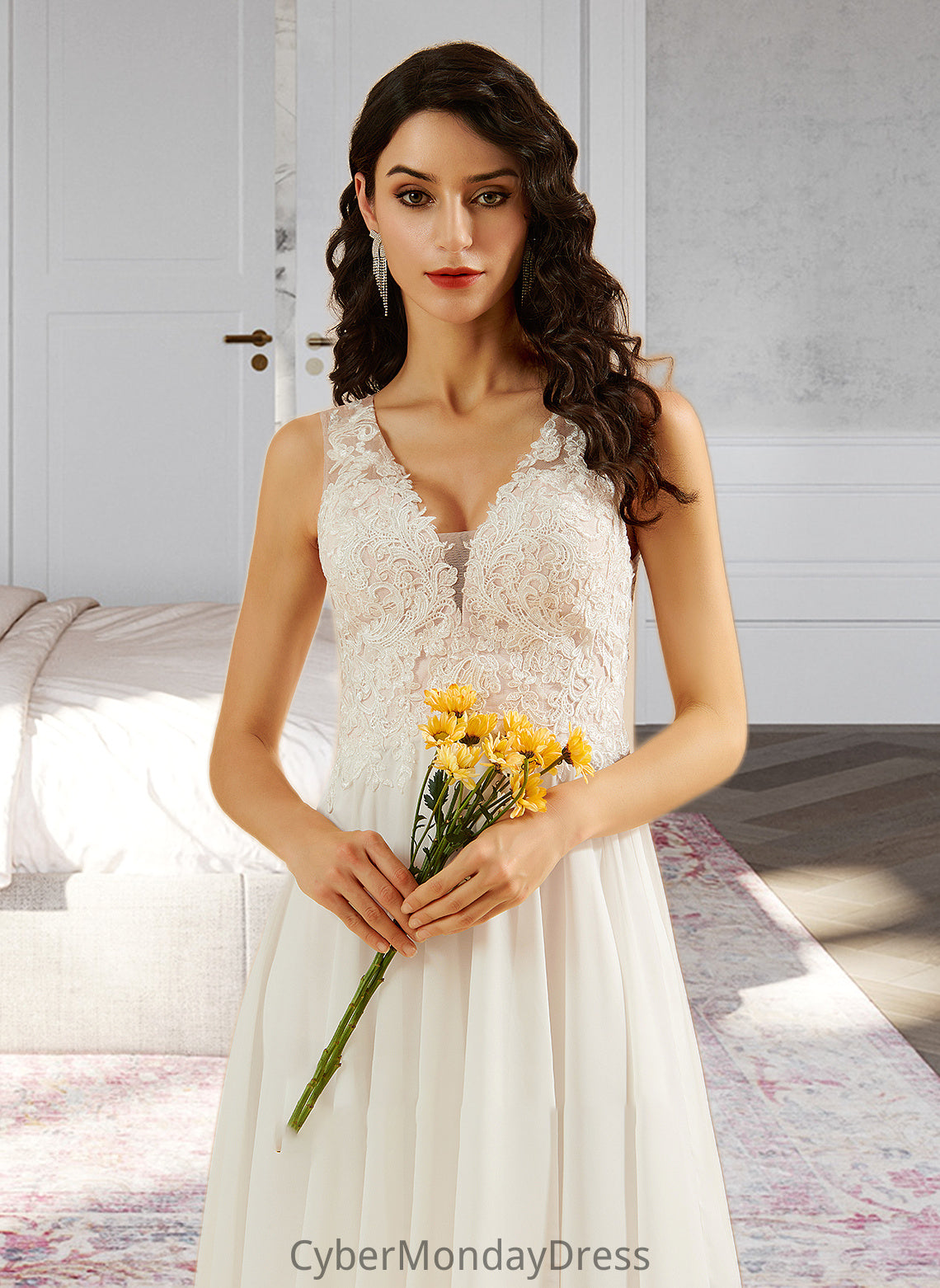 Tiffany A-Line V-neck Knee-Length Wedding Dress With Lace Sequins DTP0013703