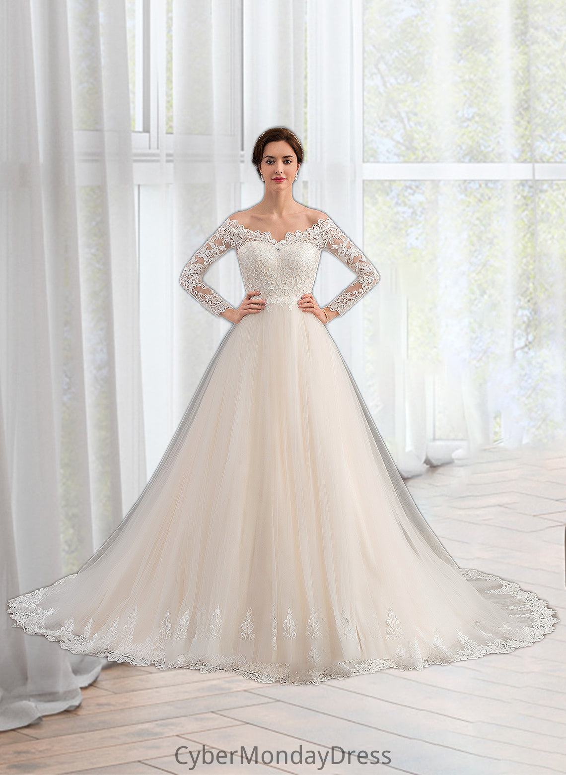 Jewel Ball-Gown/Princess Chapel Train Tulle Lace Wedding Dress DTP0013704