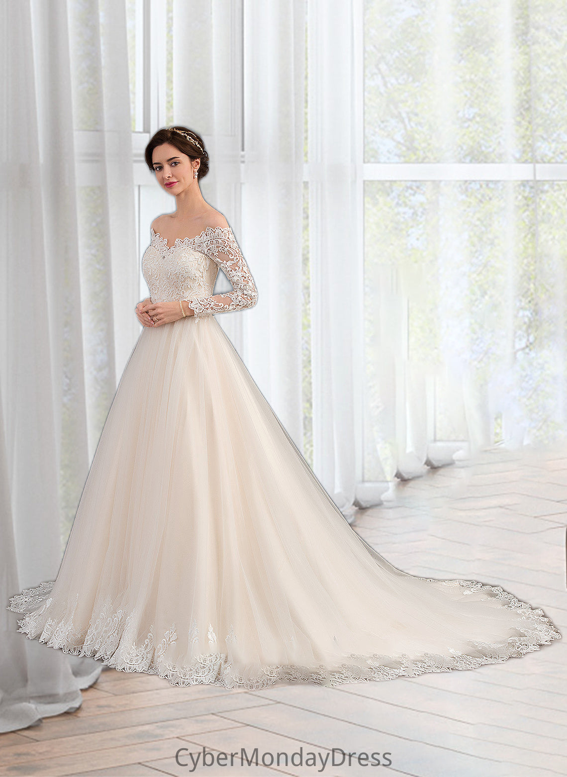 Jewel Ball-Gown/Princess Chapel Train Tulle Lace Wedding Dress DTP0013704